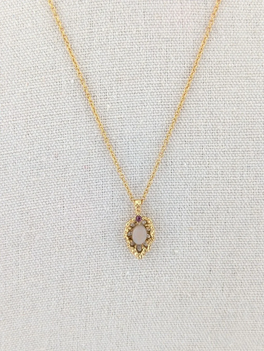 Vintage Opal & Ruby Gold Necklace - Van Doren - Dainty Classic Estate Jewelry